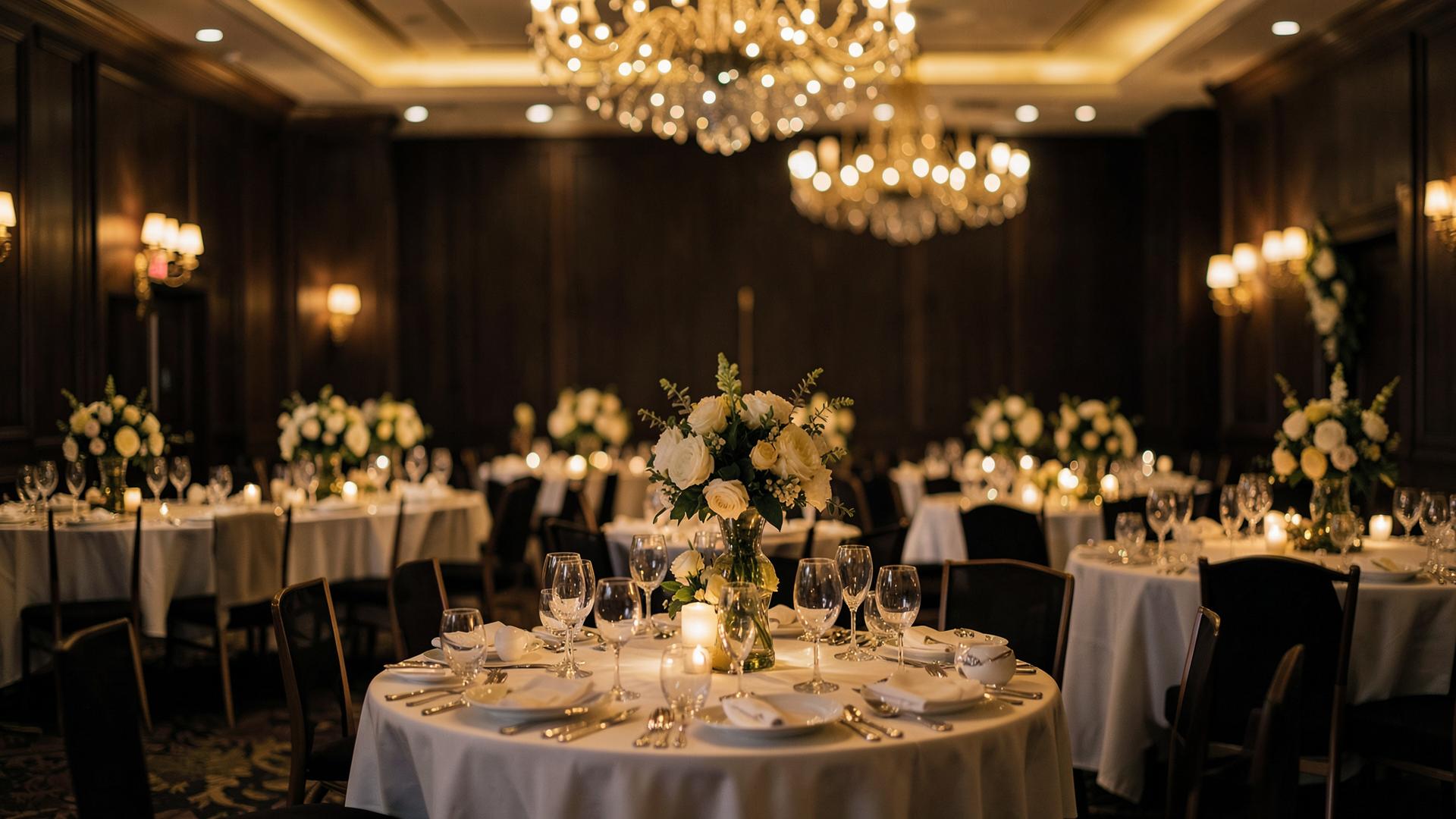 Elegant event venue with warm lighting and floral centerpieces